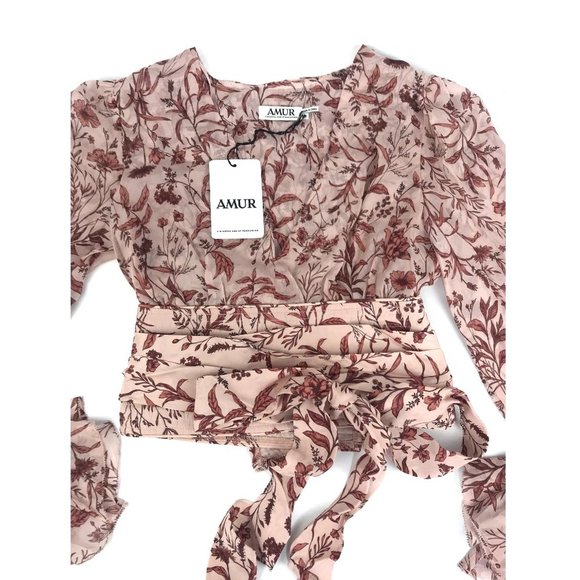 AMUR Helene Tie Waist Floral Silk Wrap Crop Top - Picture 11 of 16